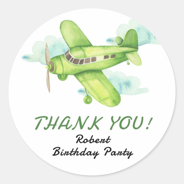 Sticker Rond Avion vert aquarelle Anniversaire merci (Devant)