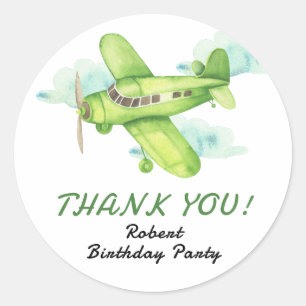 Sticker Rond Avion vert aquarelle Anniversaire merci