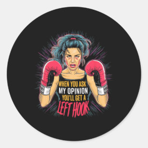 Sticker Rond Avis de crochet gauche Boxe Femme Fun Arts martiau