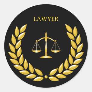 Sticker Rond Avocat de l'équilibre doré de la justice sur fond 