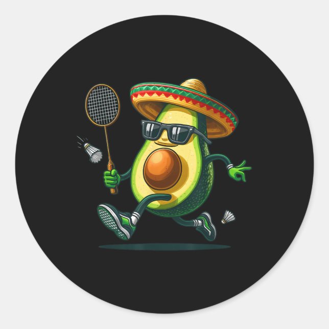 Sticker Rond Avocat drôle montrant des compétences de badminton (Devant)