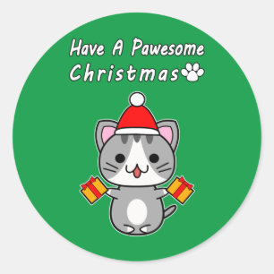 Sticker Rond Avoir un Noël Pawesome - Chat Gris Tabby