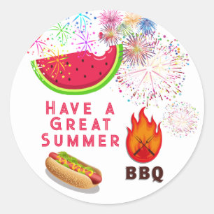 Sticker Rond Avoir un super BBQ d'été Feu d'artifice Hot Dog