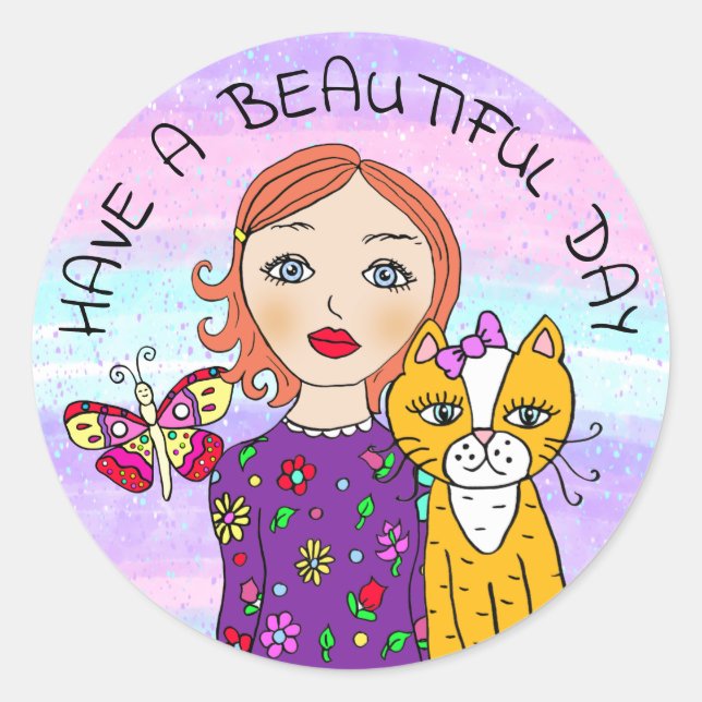 Sticker Rond Avoir une belle journée Whimsical Folk Art Girl (Devant)
