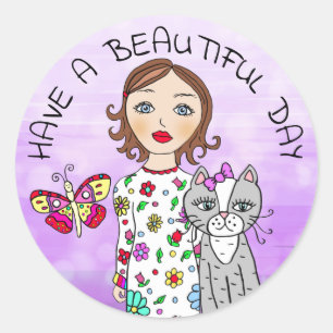 Sticker Rond Avoir une belle journée Whimsical Folk Art Girl