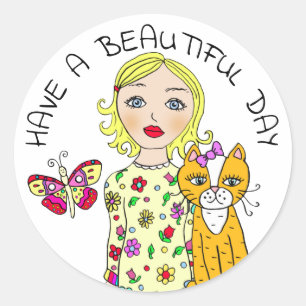 Sticker Rond Avoir une belle journée Whimsical Folk Art Girl