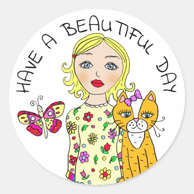 Sticker Rond Avoir une belle journée Whimsical Folk Art Girl (Devant)