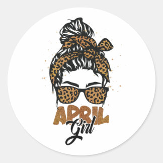 Sticker Rond Avril Fille Messy Lunettes de soleil Cheveux Leopa