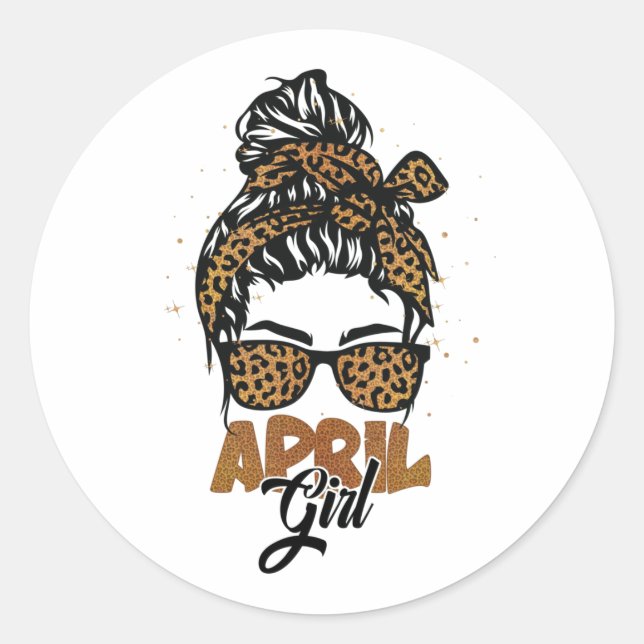 Sticker Rond Avril Fille Messy Lunettes de soleil Cheveux Leopa (Devant)