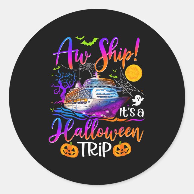 Sticker Rond Aw Ship Halloween Family Cruise Crew Family Vacati (Devant)