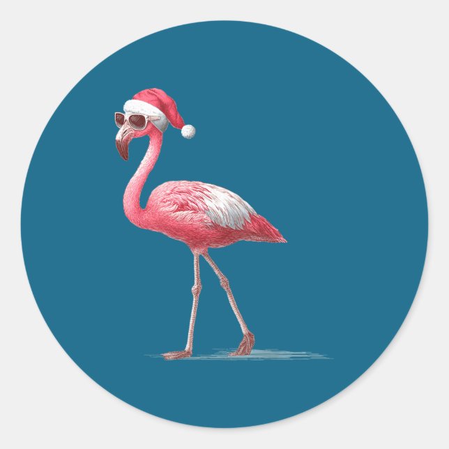 Sticker Rond Awesome Cool Flamingo With Christmas Hat And Sungl (Devant)