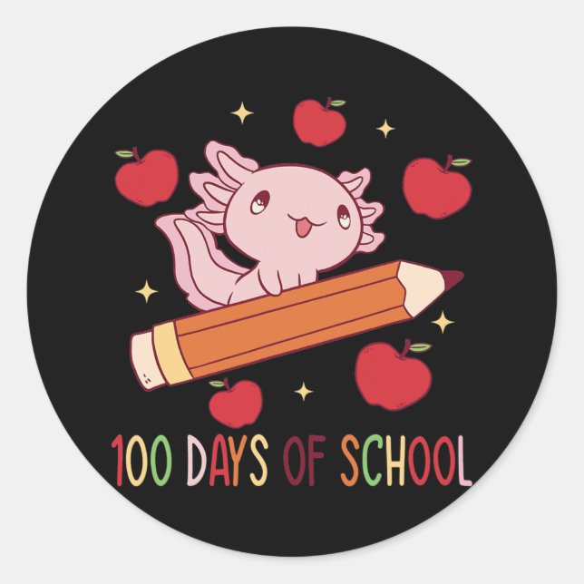 Sticker Rond Axolotl 100 jours d'école avec marche au crayon (Devant)