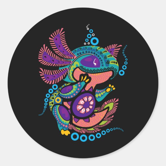 Sticker Rond Axolotl Art Aztec Mexicain Salamander Mexique Cinc (Devant)