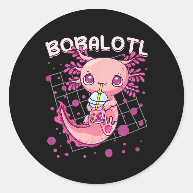 Sticker Rond Axolotl Boba Tea Bubble Tea Kawaii Anime Japonais (Devant)