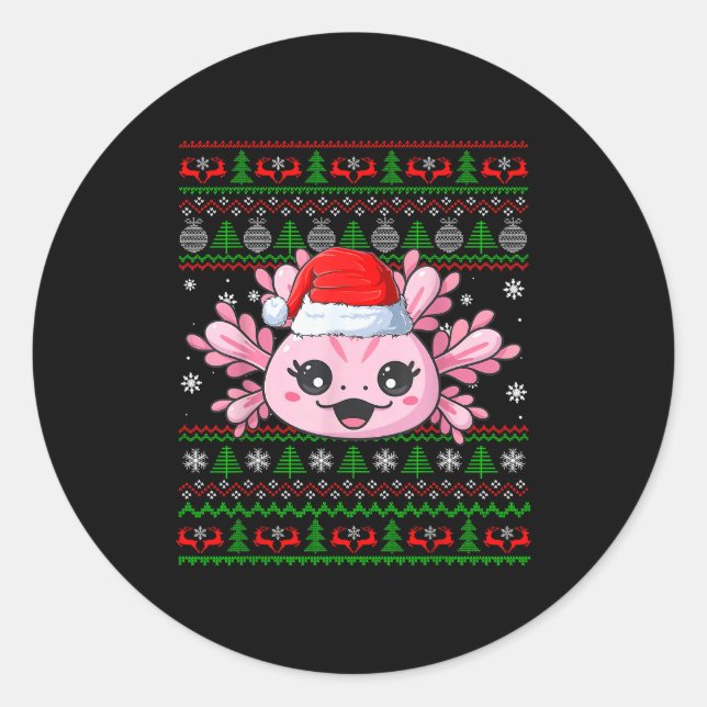 Sticker Rond Axolotl Christmas Ugly Sweater Santa Axolotl Head  (Devant)