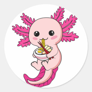 Sticker Rond Axolotl Manger Ramen nouilles Kawaii Anime Classic