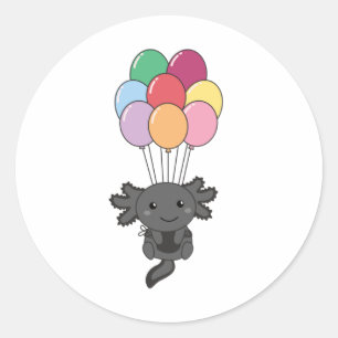 Sticker Rond Axolotl Monte Avec Des Ballons Colorés