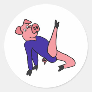 Sticker Rond AY - Gymnaste de cochon rose faisant des exercices