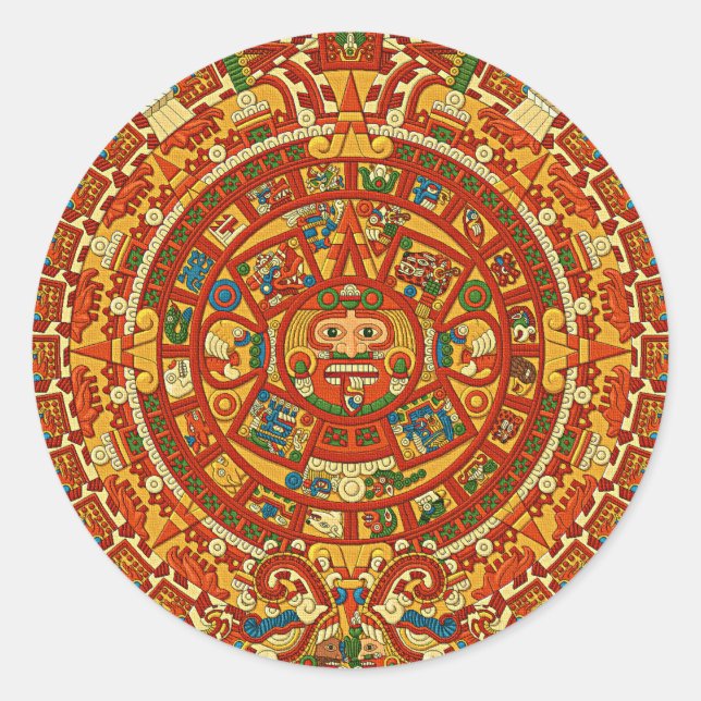 Sticker Rond Aztec Calendar Stone ou Sun Stone du Mexique. (Devant)