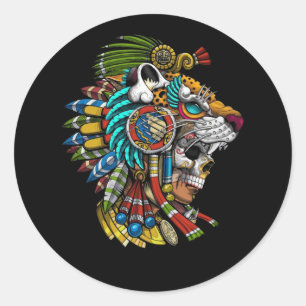 Sticker Rond Aztec Crâne Jaguar Masque guerrier antique Maya