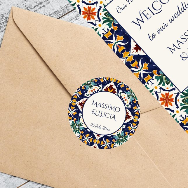 Sticker Rond Azulejo bleu portugais mariage méditerranéen (Azulejo blue Portuguese Morocco Turkish tiles Mediterranean wedding bride and groom names Sticker)
