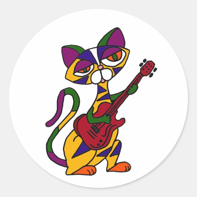 Sticker Rond BA - Cool Chat Jouer de la guitare Cartoon (Devant)