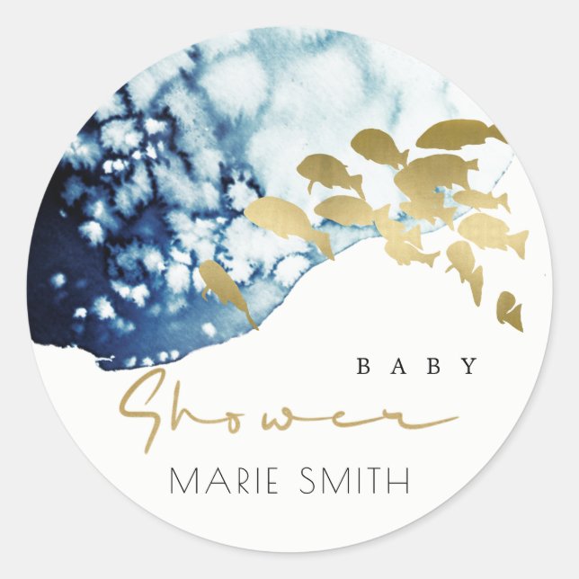 STICKER ROND BABEAU DE NAISSANCE BÉBÉ POISSON SOUS-MARIN MARINE (Devant)