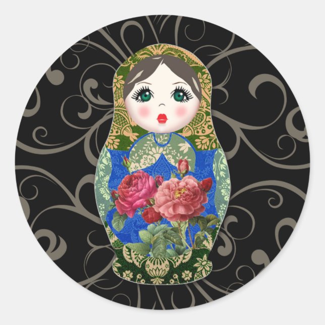 Sticker Rond Babushka Russian Doll Colourful Bold Rose Flower 2 (Devant)