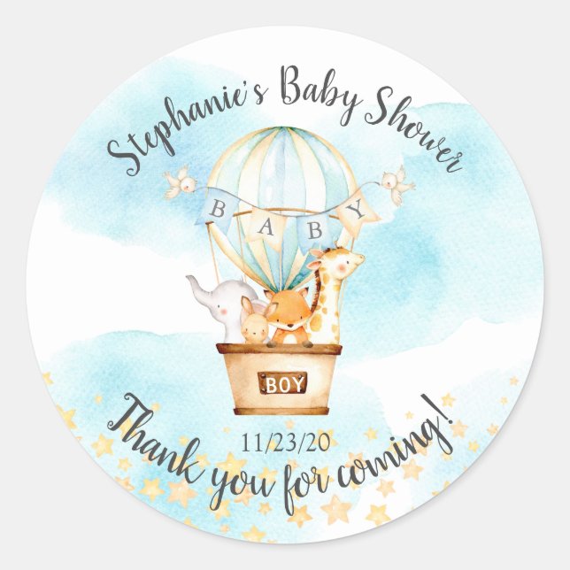 Sticker Rond Baby Animals Hot Air Balloon Baby shower Favoriser (Devant)