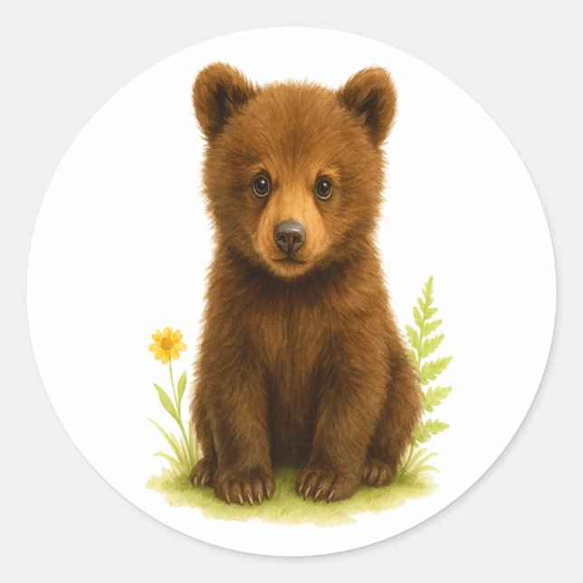 Sticker Rond Baby Bear Cub en Fleur sauvage (Devant)
