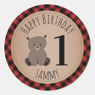 Sticker Rond Baby Bear Cub Lumberjack Plaid Anniversaire