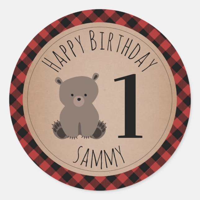 Sticker Rond Baby Bear Cub Lumberjack Plaid Anniversaire (Devant)