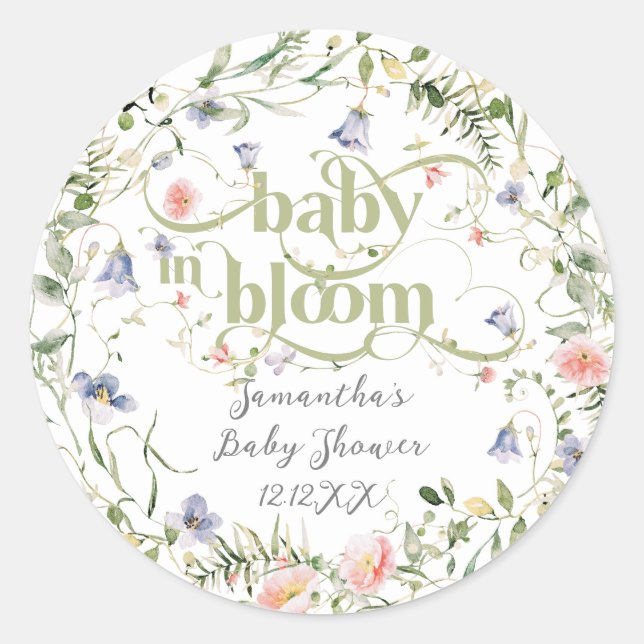 Sticker Rond Baby Bloom Fleur sauvage Moderne Baby shower neutr (Devant)