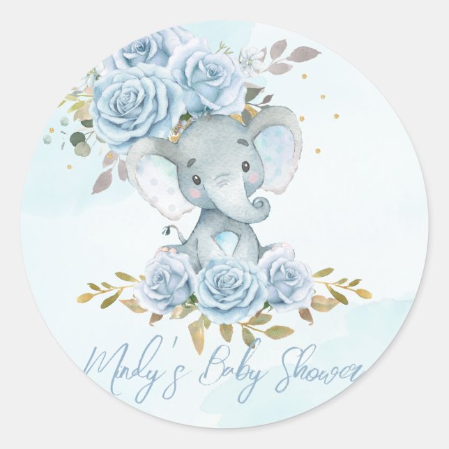 Sticker Rond Baby Blue Floral mignonne Elephant Baby shower gar (Devant)