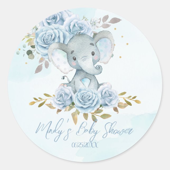 Sticker Rond Baby Blue Floral mignonne Elephant Baby shower gar (Devant)
