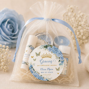 Sticker Rond Baby Blue Floral Papillons Quinceañera Sweet 16