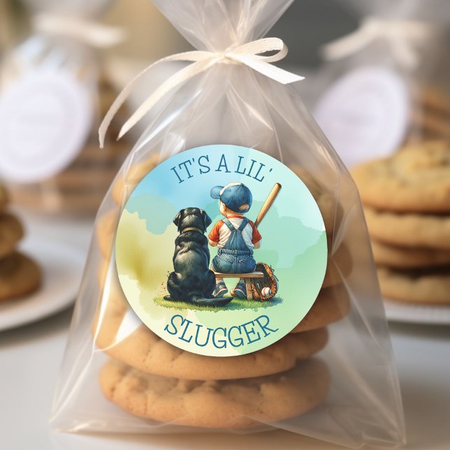Sticker Rond Baby Boy and Dog | Lil Slugger | Baby shower (Créateur téléchargé)