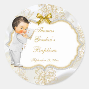 Sticker Rond Baby Boy Baptism Christening Gold Cross