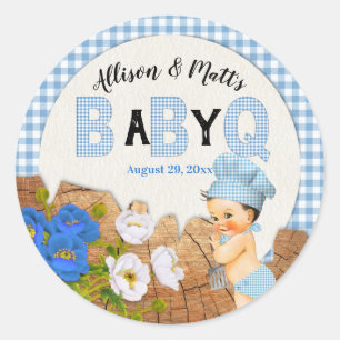 Sticker Rond Baby Boy Blu En vichy Bois Floral Baby Q BBQ Class