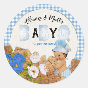 Sticker Rond Baby Boy Blue En vichy Wood Floral Baby Q BBQ
