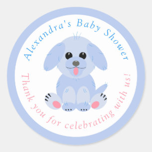 Sticker Rond Baby Boy Douche Merci Personnalisé Bleu Chiot
