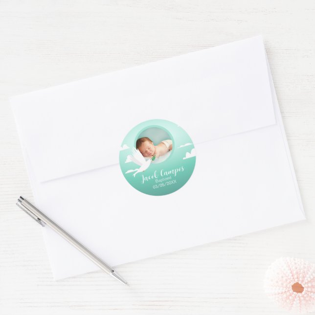Sticker Rond Baby Boy Dove Baptism Announcement Blue Teal (Enveloppe)