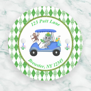Sticker Rond Baby Boy Elephant & Monkey Golf Baby shower Retour