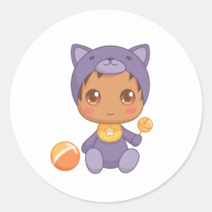 Sticker Rond Baby Boy Girl Purple Chat Jumpsuit