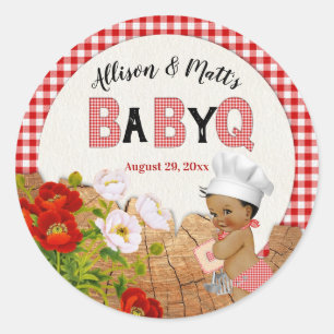 Sticker Rond Baby Boy Red En vichy Wood Floral Baby Q BBQ