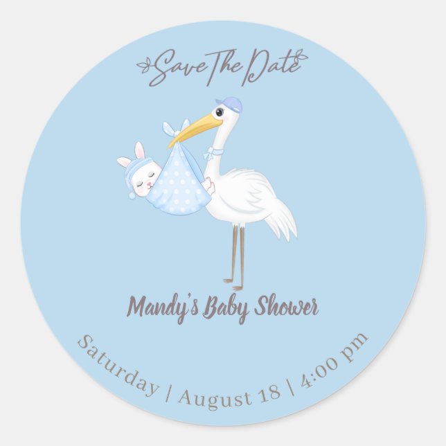 Sticker Rond Baby Boy Stork Rabbit Enregistrer la date (Devant)