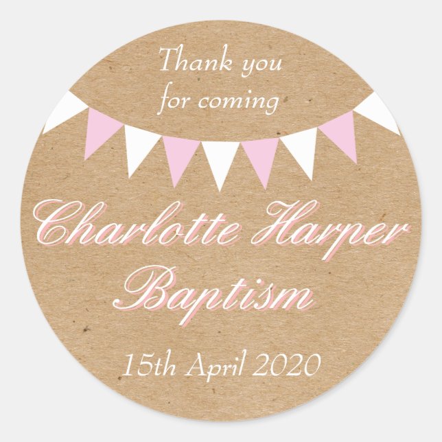 Sticker Rond Baby Bunting Pink Baptême Christening Favoriser (Devant)