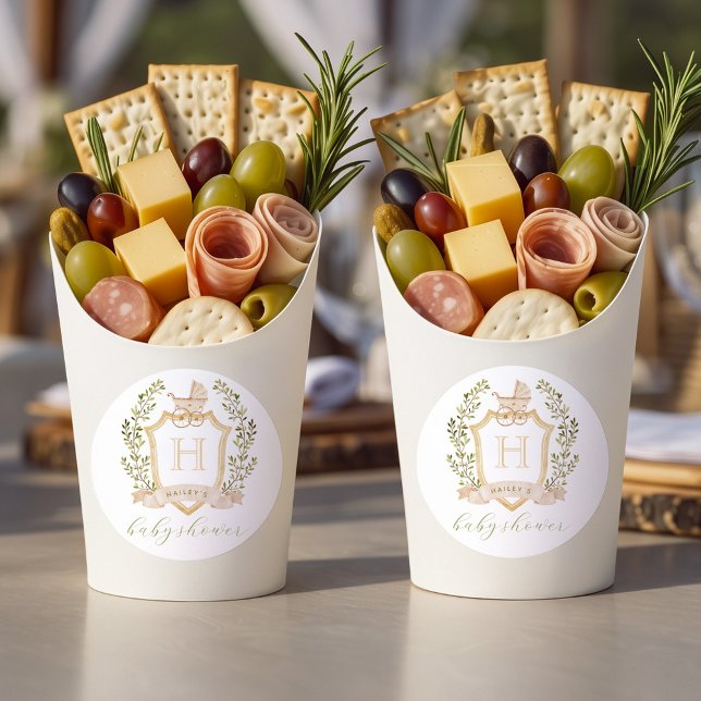 Sticker Rond Baby Carriage Crest Monogram | Neutral Baby Shower (Créateur téléchargé)