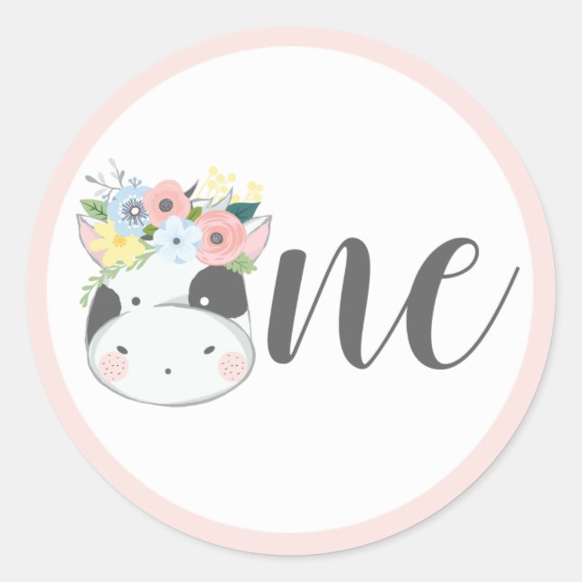Sticker Rond Baby Cow Floral Numéro Un 1er Anniversaire Clas de (Devant)