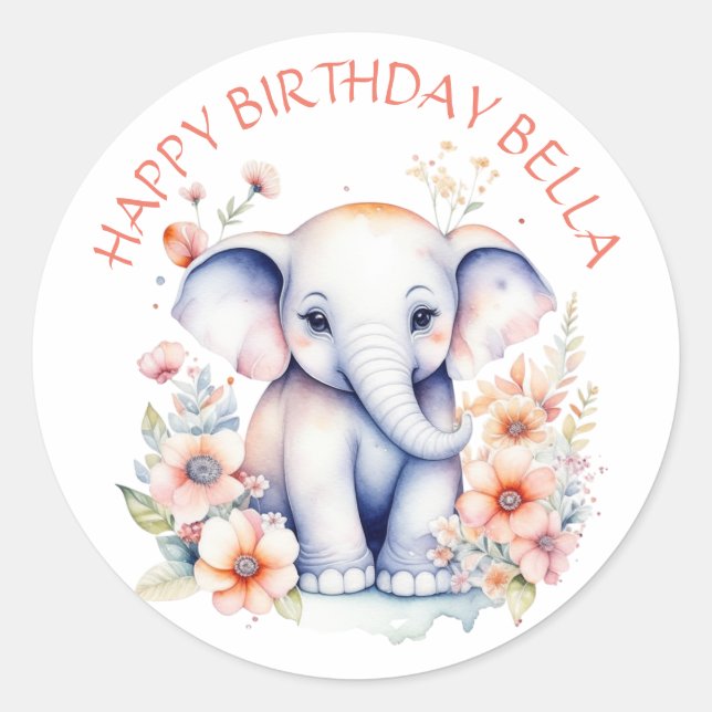 Sticker Rond Baby Elephant Fille d'anniversaire Personnalisé (Devant)